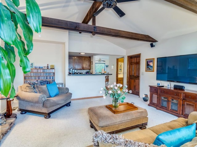 living room featuring ceiling fan, carpet, and vaulted ceiling with beams