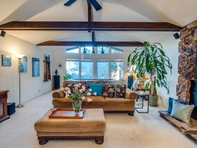 living room with carpet floors and lofted ceiling with beams