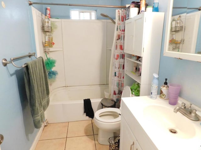 full bathroom with tile patterned flooring, shower / bath combo, toilet, and vanity