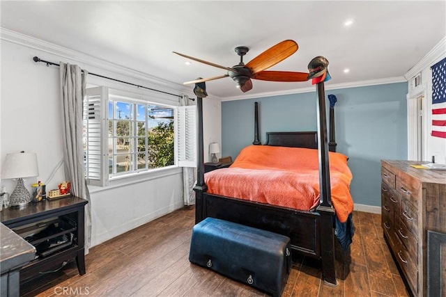 bedroom with dark wood-type flooring, ceiling fan, and ornamental molding