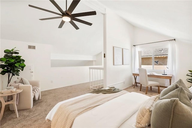 carpeted bedroom with lofted ceiling and ceiling fan