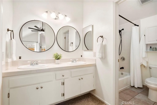 full bathroom featuring tile patterned flooring, vanity, shower / bathtub combination with curtain, and toilet