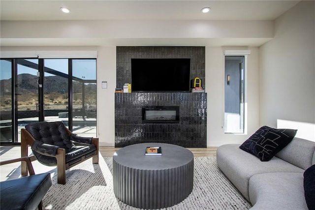 living room featuring a tiled fireplace and hardwood / wood-style floors