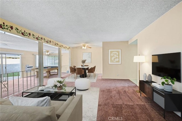 living room featuring ceiling fan, carpet, a textured ceiling, and billiards