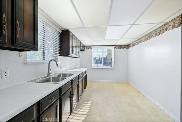 kitchen with sink, a drop ceiling, and dark brown cabinets