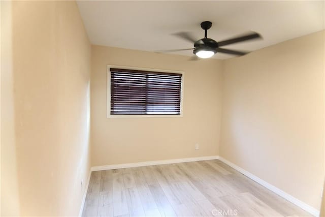 empty room featuring light wood-style floors, ceiling fan, and baseboards