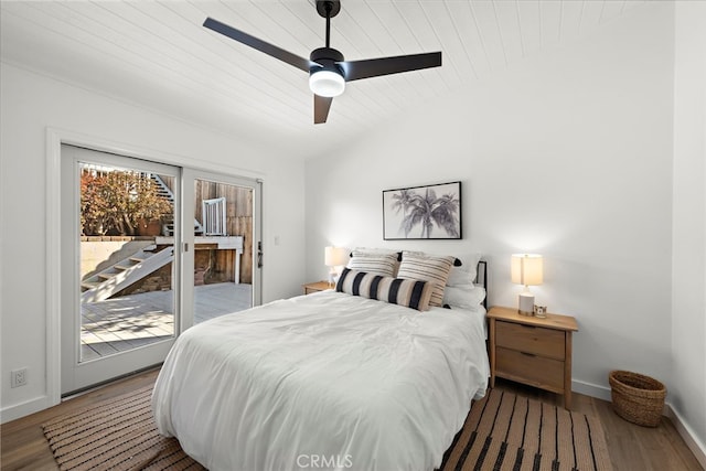 bedroom with ceiling fan, wood-type flooring, wood ceiling, and access to outside