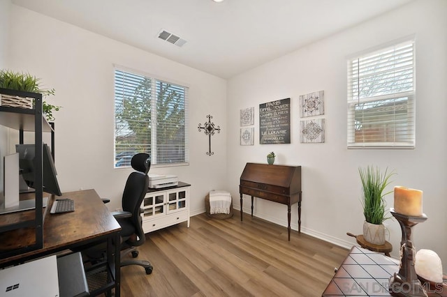 office space with hardwood / wood-style flooring and a healthy amount of sunlight