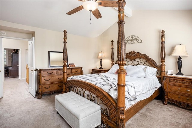 carpeted bedroom featuring ceiling fan and lofted ceiling with beams