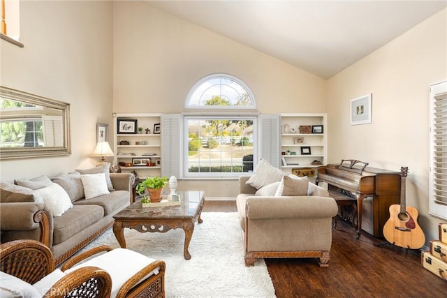 living room with dark hardwood / wood-style floors and high vaulted ceiling