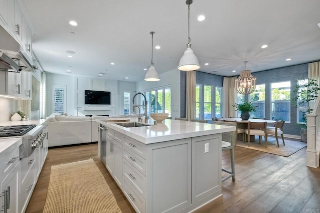 kitchen with sink, white cabinetry, a kitchen island with sink, and appliances with stainless steel finishes