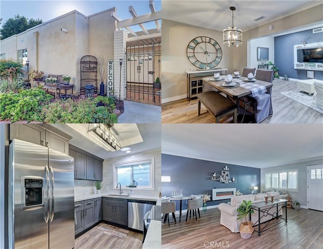 interior space featuring light hardwood / wood-style floors, sink, an inviting chandelier, gray cabinetry, and stainless steel appliances