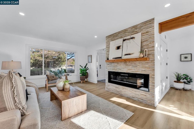 living room featuring a fireplace and light hardwood / wood-style flooring