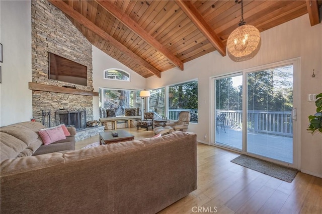 living room with wood ceiling, beamed ceiling, a fireplace, light hardwood / wood-style floors, and high vaulted ceiling