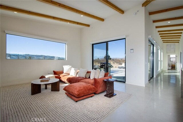 interior space featuring a mountain view, a wealth of natural light, and beam ceiling