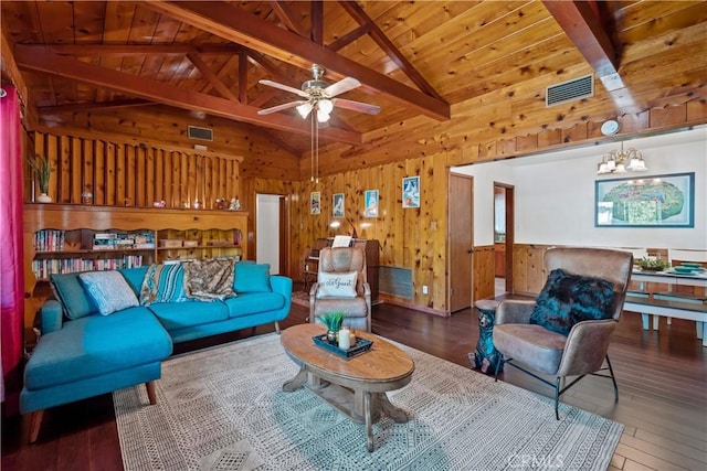 living room featuring wood ceiling, wooden walls, hardwood / wood-style floors, and lofted ceiling with beams