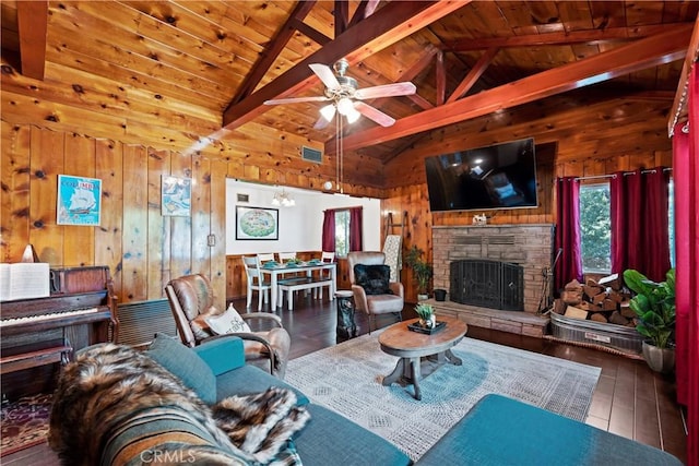 living room featuring lofted ceiling with beams, a stone fireplace, wooden ceiling, and wooden walls