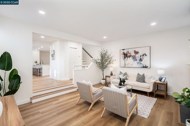 living room featuring sink and light wood-type flooring