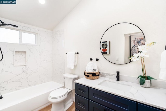 full bathroom featuring toilet, hardwood / wood-style flooring, lofted ceiling, tub / shower combination, and vanity