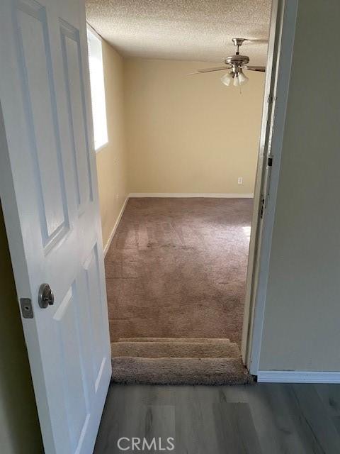 spare room featuring carpet, ceiling fan, and a textured ceiling