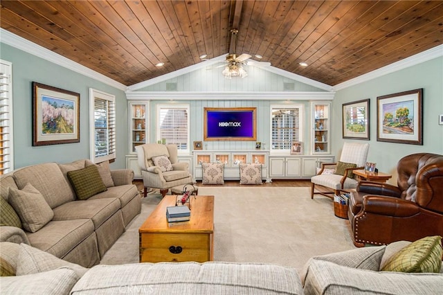 carpeted living room featuring wooden ceiling, vaulted ceiling, ceiling fan, built in features, and ornamental molding