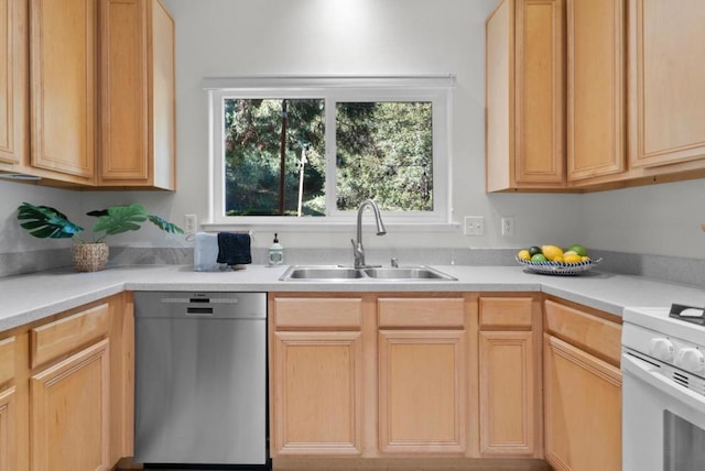 kitchen featuring light brown cabinetry, sink, dishwasher, and white stove