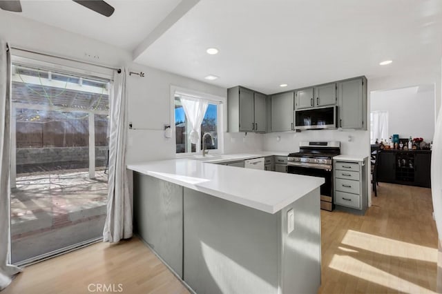 kitchen with kitchen peninsula, stainless steel appliances, sink, light hardwood / wood-style flooring, and gray cabinets