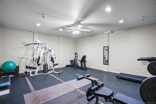 workout area with ceiling fan