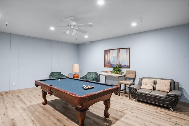 game room featuring ceiling fan, light wood-type flooring, and billiards