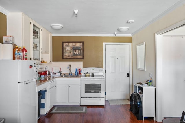 kitchen with white cabinetry, sink, white appliances, and ornamental molding