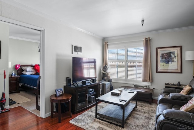 living room with dark hardwood / wood-style floors and ornamental molding