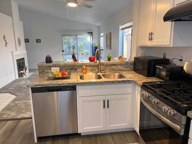 kitchen with sink, white cabinetry, vaulted ceiling, dark hardwood / wood-style flooring, and appliances with stainless steel finishes