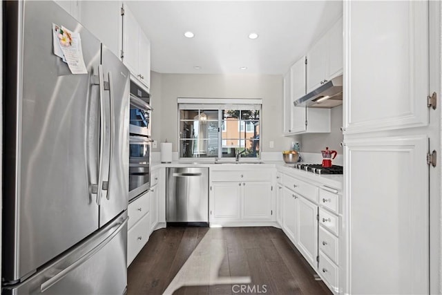 kitchen featuring sink, white cabinetry, appliances with stainless steel finishes, and dark hardwood / wood-style flooring