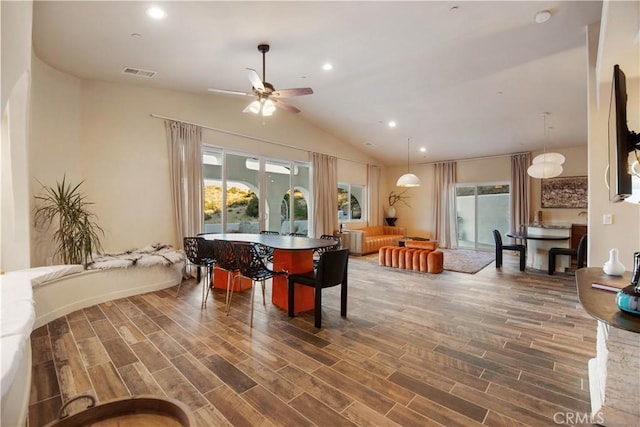 recreation room with vaulted ceiling and ceiling fan