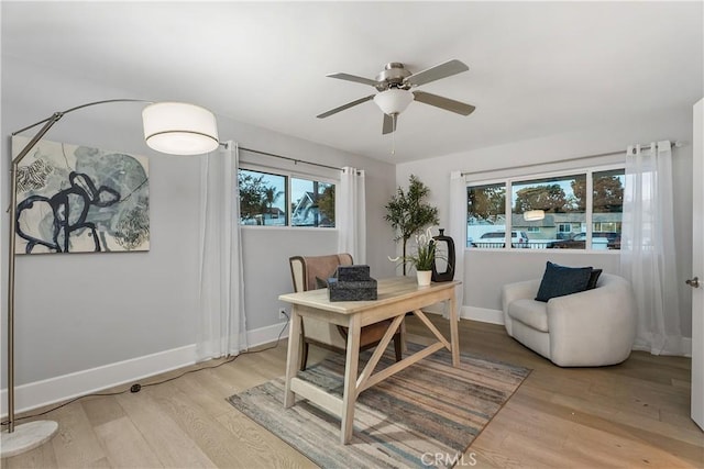 office space with light hardwood / wood-style floors and ceiling fan