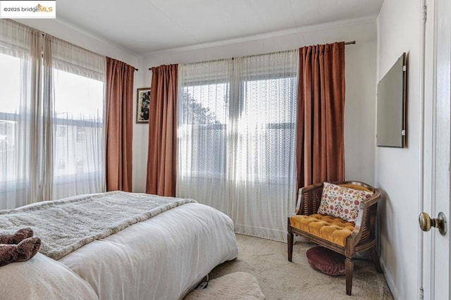 bedroom featuring light carpet