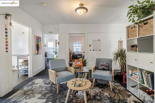 living area featuring dark colored carpet