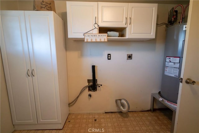 washroom featuring cabinets, hookup for a washing machine, water heater, and electric dryer hookup