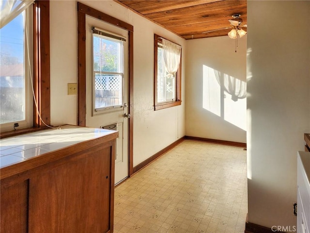 unfurnished sunroom featuring ceiling fan and wood ceiling