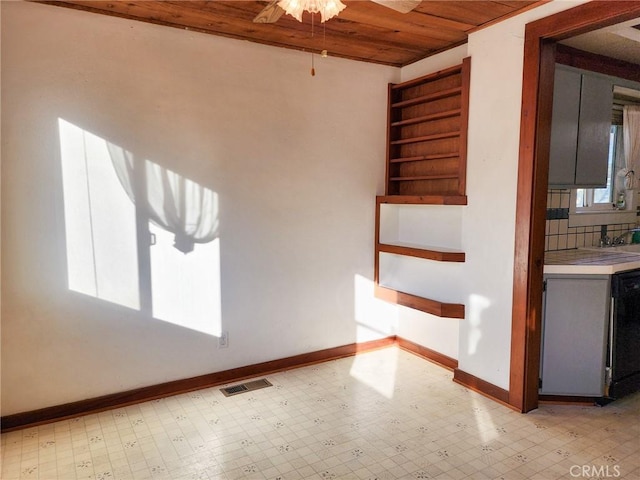 spare room with ceiling fan and wood ceiling