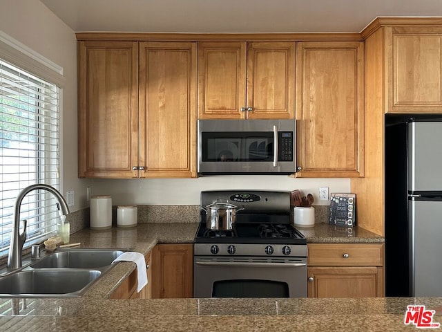 kitchen featuring stainless steel appliances, dark stone counters, and sink