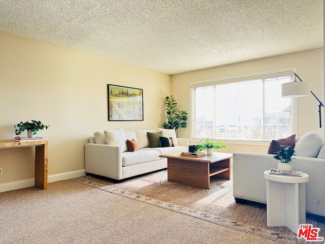 carpeted living room with a textured ceiling