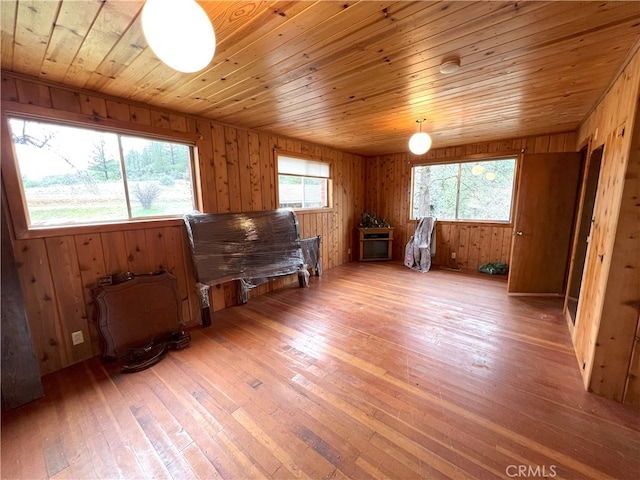 misc room featuring wood walls, wood ceiling, and hardwood / wood-style flooring