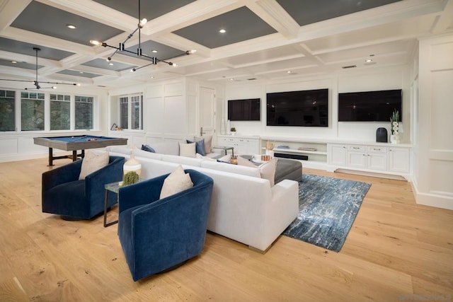 living room with beam ceiling, light wood-type flooring, coffered ceiling, and pool table