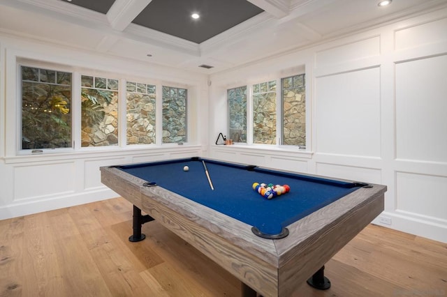 game room featuring beam ceiling, light hardwood / wood-style floors, coffered ceiling, and pool table