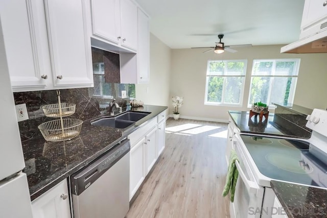 kitchen with white cabinetry, sink, ceiling fan, and white appliances