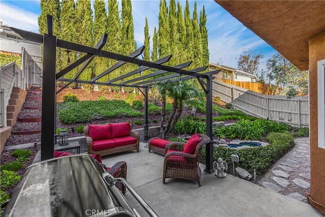 view of patio featuring outdoor lounge area and a pergola