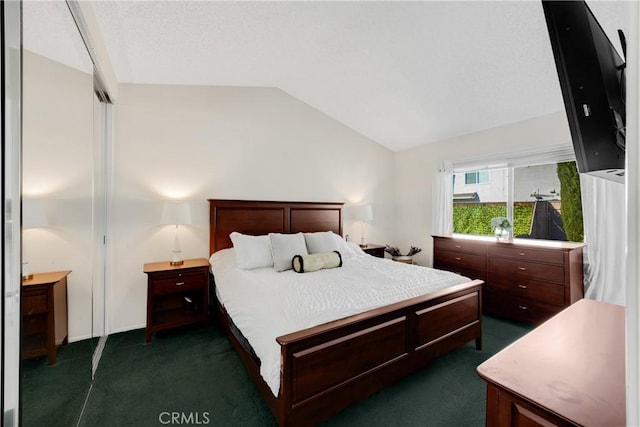 bedroom featuring dark carpet and vaulted ceiling