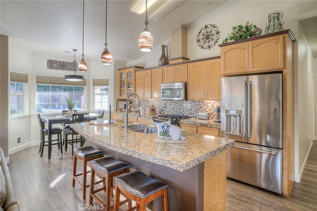 kitchen with sink, stainless steel appliances, tasteful backsplash, decorative light fixtures, and a kitchen island with sink