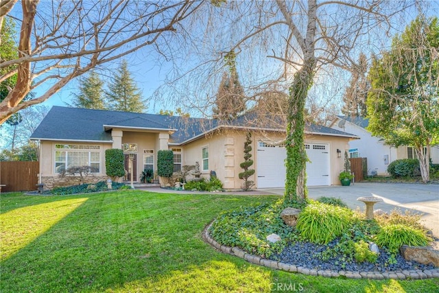 ranch-style home featuring a garage and a front yard